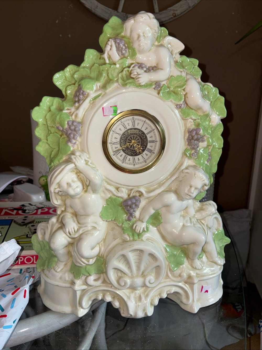 Ornate Cherub Ceramic Mantel Clock in Cream and Light Green
